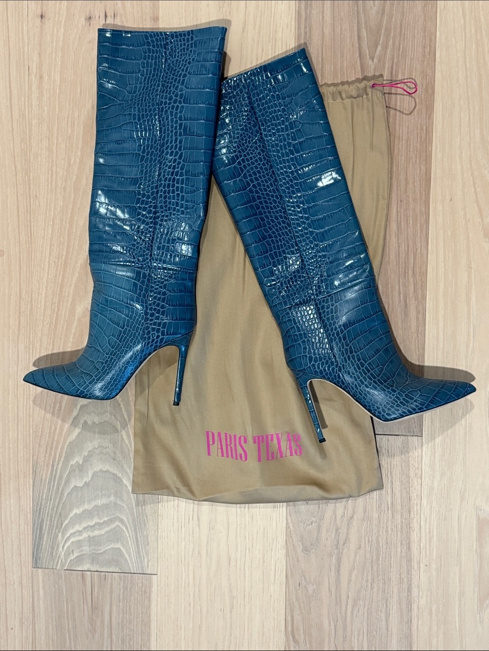 Paris Texas Blue Teal Croc-Embossed Knee Boots with Stiletto Heel